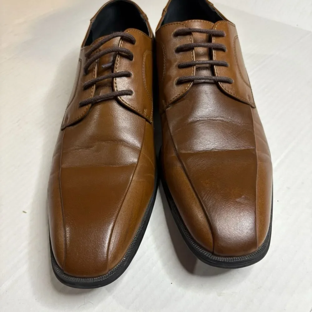 Alfani Mens Seth Cognac Brown Faux Leather Derby Dress Shoes 9.5M 42101